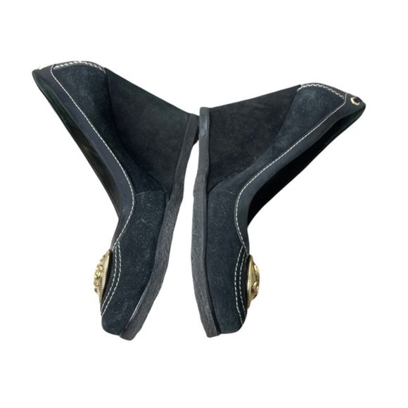 JUICY COUTURE Y2K Women's Black Suede High Platform Wedge Gold Logo 9M GUC - Picture 6 of 8